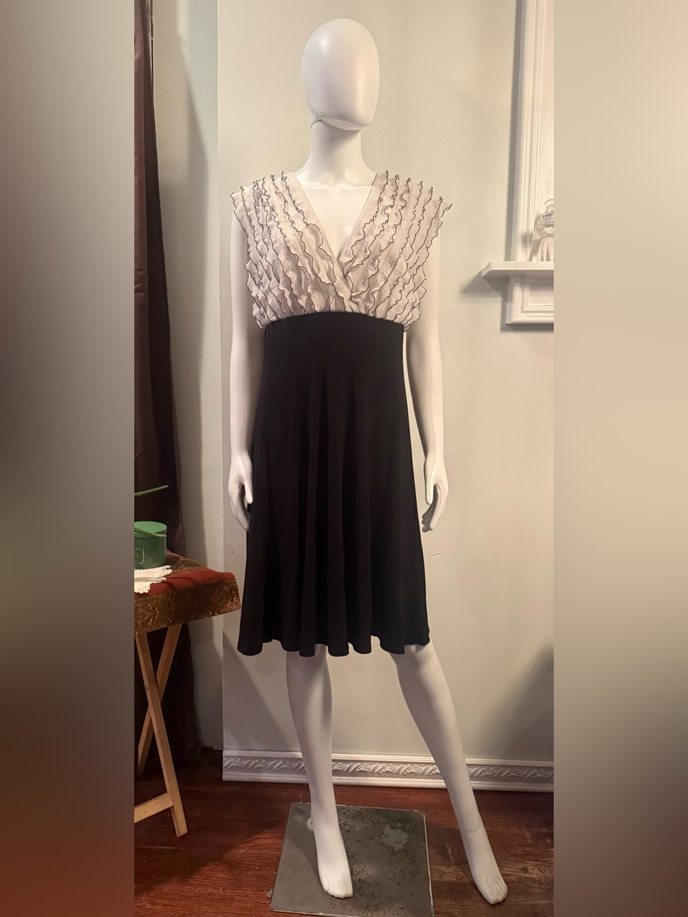 dressbarn Black Skater Dress with Cream Ruffled V-Neck Bodice